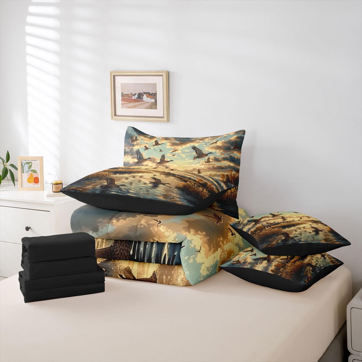 Erosebridal Reed Marshes 7 Piece Bedding Set Queen Mallards Comforter Set with Sheets Wild Ducks Clouds Wild Animal Theme Bed in a Bag Sunset Trees Hunting Waves for Teens Men Women