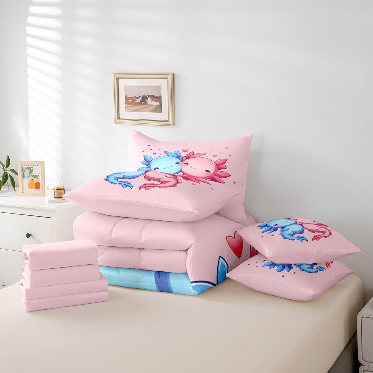 Erosebridal Pink Blue Cute Axolotls Queen Comforter Set Kids Kawaii Axolotls Bed in a Bag for Boys Girls Cartoon Love Heart 7-Piece Bedding Set Sealife Coastal Ocean Animal Quilt Duvet Sets