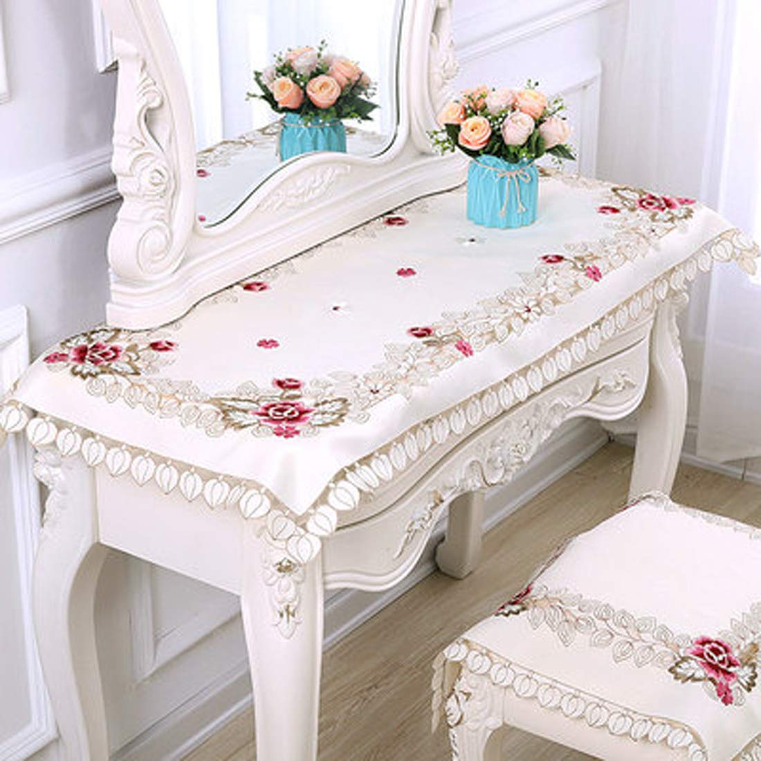LeLehome Flowers Embroidery Tablecloth 57" X 86", Vintage Classic Lace Beige White Leaves Dining Table Cloth Table Cover for Festival Wedding Party Home Kitchen Rectangular