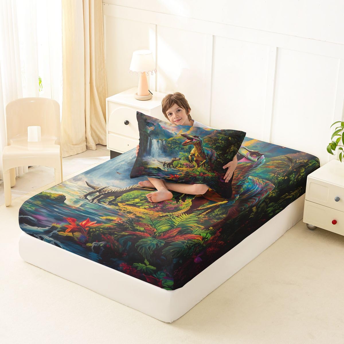 Feelyou Dinosaur Bed Sheets Set Twin Size 3D Digital Print Bed Set for Kids Boys Girls Jungle Dino Deep Pocket Fitted Sheet Wild Animal Breathable Soft Lightweight Microfiber Green Blue