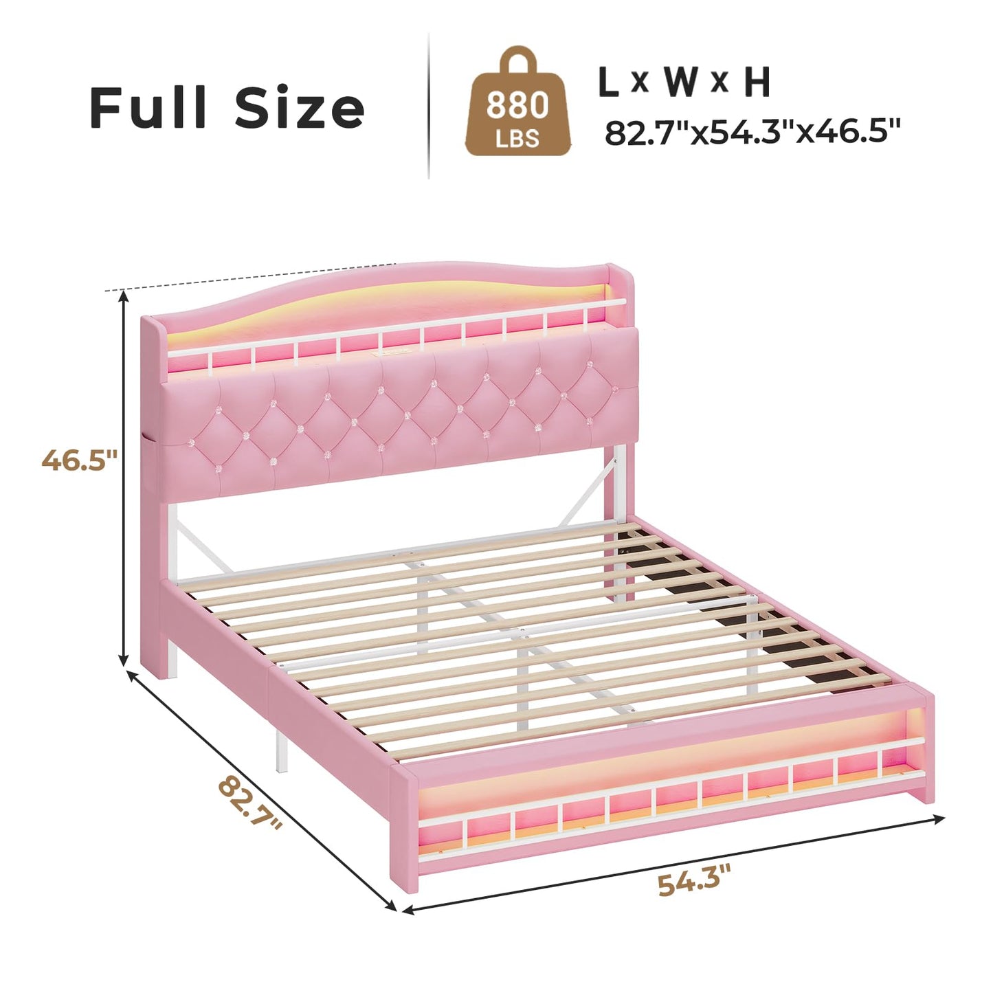 HAUOMS Full Bed Frame with LED Lights, Princess Velvet Upholstered Platform Bed for Girls, Headboard with Charging Station & Guardrail & Crystal Button, No Box Spring Needed, Pink