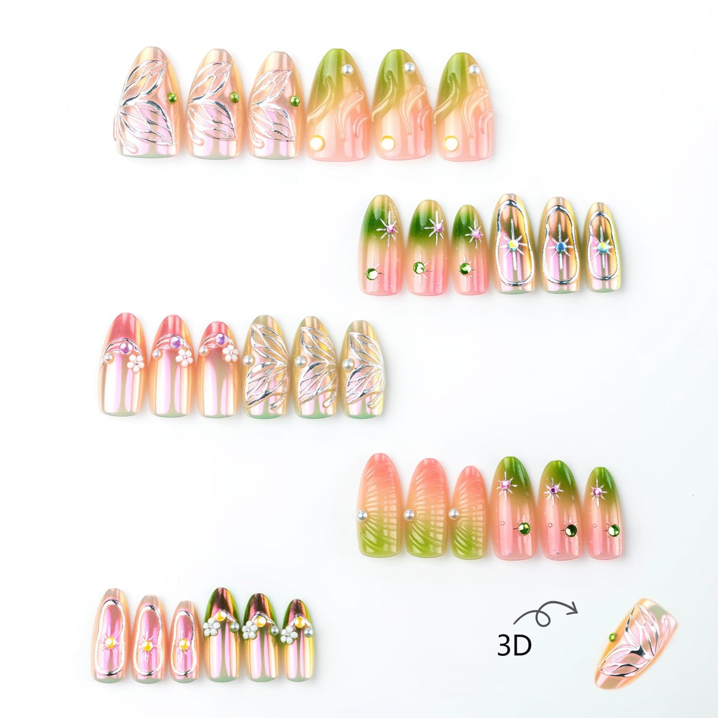 30Pcs Gradient Pink Glitter Green Smudge Press on Nails Medium Almond Fake Nails with 3D Rhinestone Design Butterfly Flower False Nails Full Cover Star Chrome Silver Acrylic Stick on Nails for Women