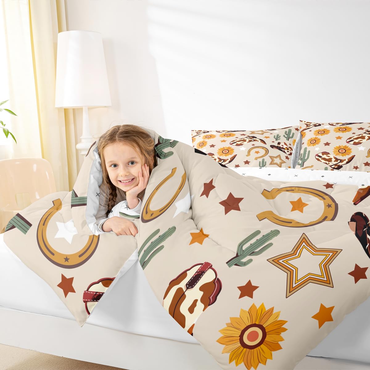 Feelyou Western Comforter Set Full Size Cowgirl Bedding Set for Kids Boys Girls Western Cowboy Boots Duvet Quilt Wild West Cactus Flower Bedroom Decor Beige Microfiber 3 Pcs with 2 Pillow Cases
