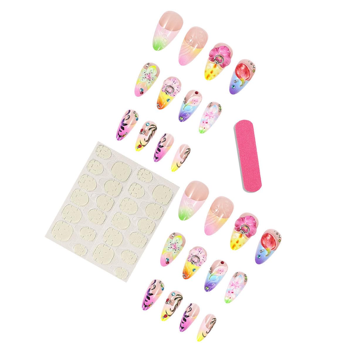 Summer Long Press on Nails Almond Fake Nails Flowers Colorful Artificial Nail with Rhinestone Beach Designs Stick on Nail for Women 24pcs