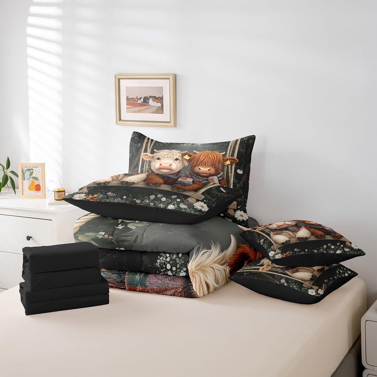 Erosebridal Comforters King Size Set with Sheets for Kids Highland Cow Bedding,7 Pieces Bed in a Bag King Western Cow Bedding Sets with Comforter, Sheets, Pillowcases and Cushion Cases