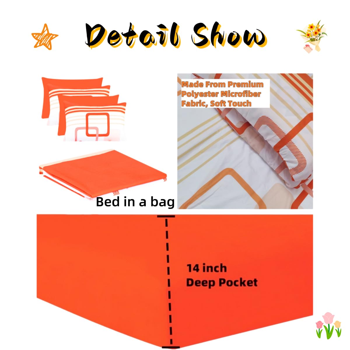 6Pcs Bed Sheet Set Queen Size, Orange White Geometric Soft Microfiber Bedding Sets with 1 Square Rectangle Patterned Sheet 1 Deep Pocket Fitted Sheet and 4 Pillowcases