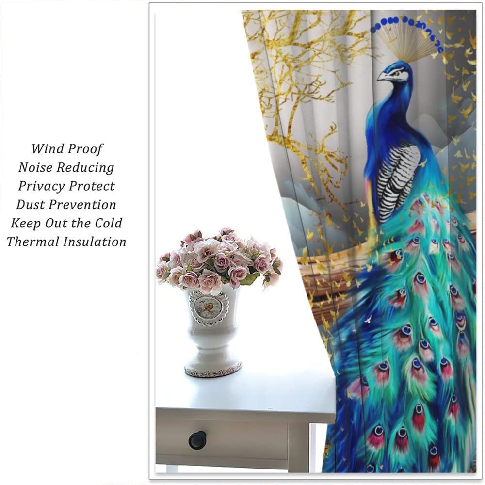 Peacock Curtains,Beautiful Two Peacock Golden Butterfly Tree Art Pattern Window Drapes for Living Room Bedroom Kitchen Decor,Rod Pocket Room Decor Curtains,42 x 45 Inch
