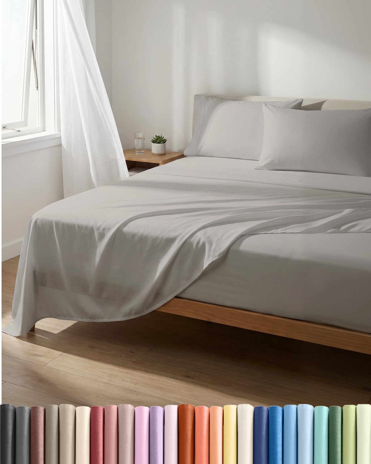 Lightweight 4 Piece Bed Sheet Set Full Size - Cooling Sheets for Hot Sleepers - Breathable Bedding Set w/ 8-16 Inch Deep Pockets - 1 Flat & 1 Fitted & 2 Pillowcases - Wrinkle Resistant - Light Grey
