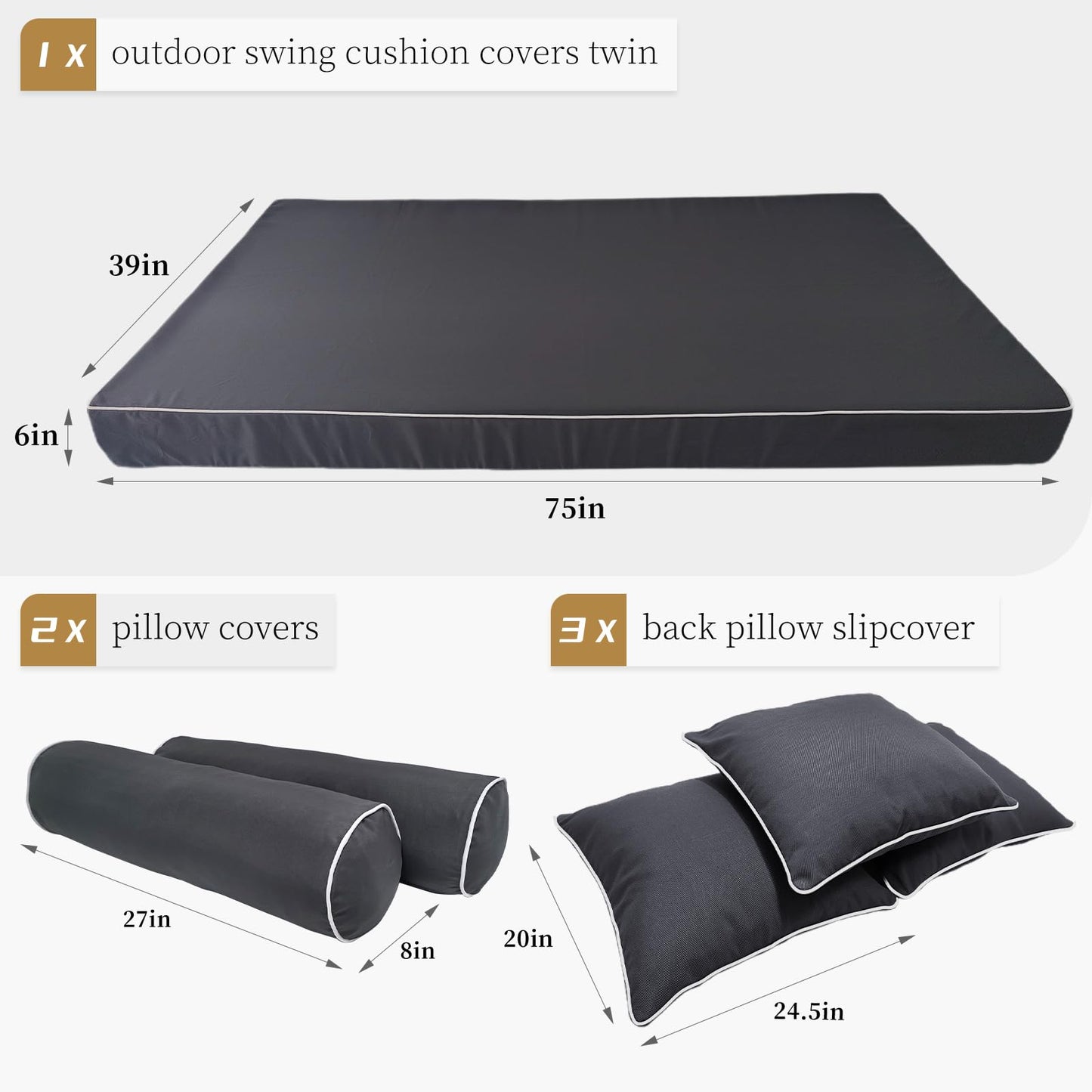 ZOALXZNT Twin Size Porch Swing Bed Cushion Cover,Waterproof Outdoor Twin Mattress Cover for Daybed,Outdoor Daybed Cushion Bolster Pillow Fitted Sheet Covers,Only Covers (Dark Gray, 75 * 39 * 6in)