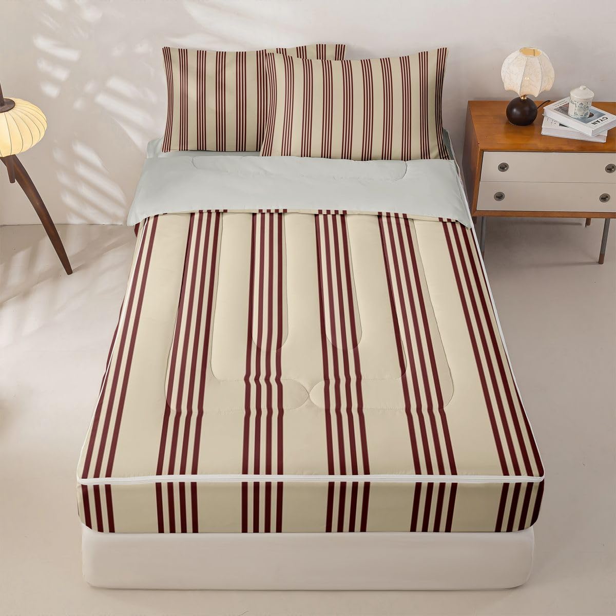 Feelyou Stripes Comforter Set Geometric Zipper Bedding Queen Luxury Boys Girls Comforter Set with Fitted Sheet and Pillowcases Bed Sheet Sets with Fitted Pillowcases for Bedroom Bed Decor