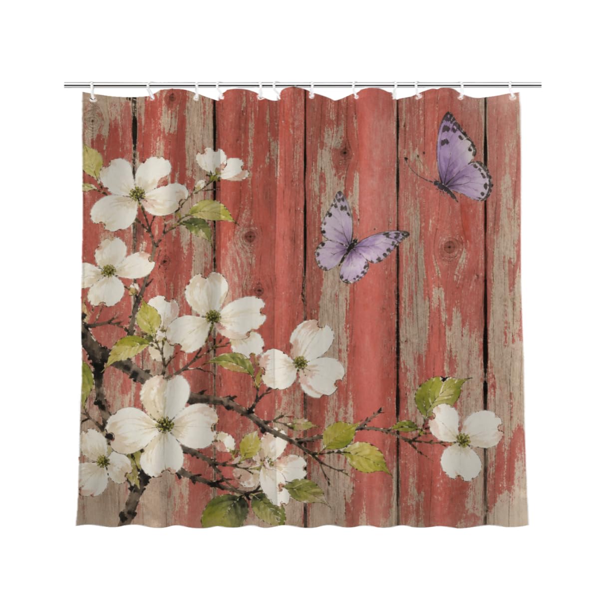 TopPacific White Blossom Red Wood Shower Curtain 72x72 Inch Shower Curtain with 12 Hooks Polyester White Blossoms Butterflies Red Wood Fence Bathroom Decor