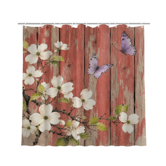 TopPacific White Blossom Red Wood Shower Curtain 72x72 Inch Shower Curtain with 12 Hooks Polyester White Blossoms Butterflies Red Wood Fence Bathroom Decor