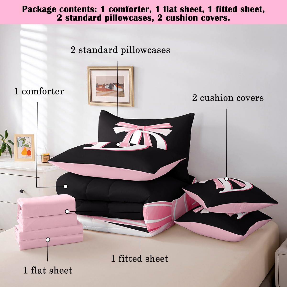 jejeloiu Kids Girls Black Pink Bow Comforter Set with Sheets Twin Size Monogrammed 7 Piece Bedding Set Personalized Initial D Bed in a Bag with Comforter, Sheets,Pillowcases Modern Fashion Bed Set