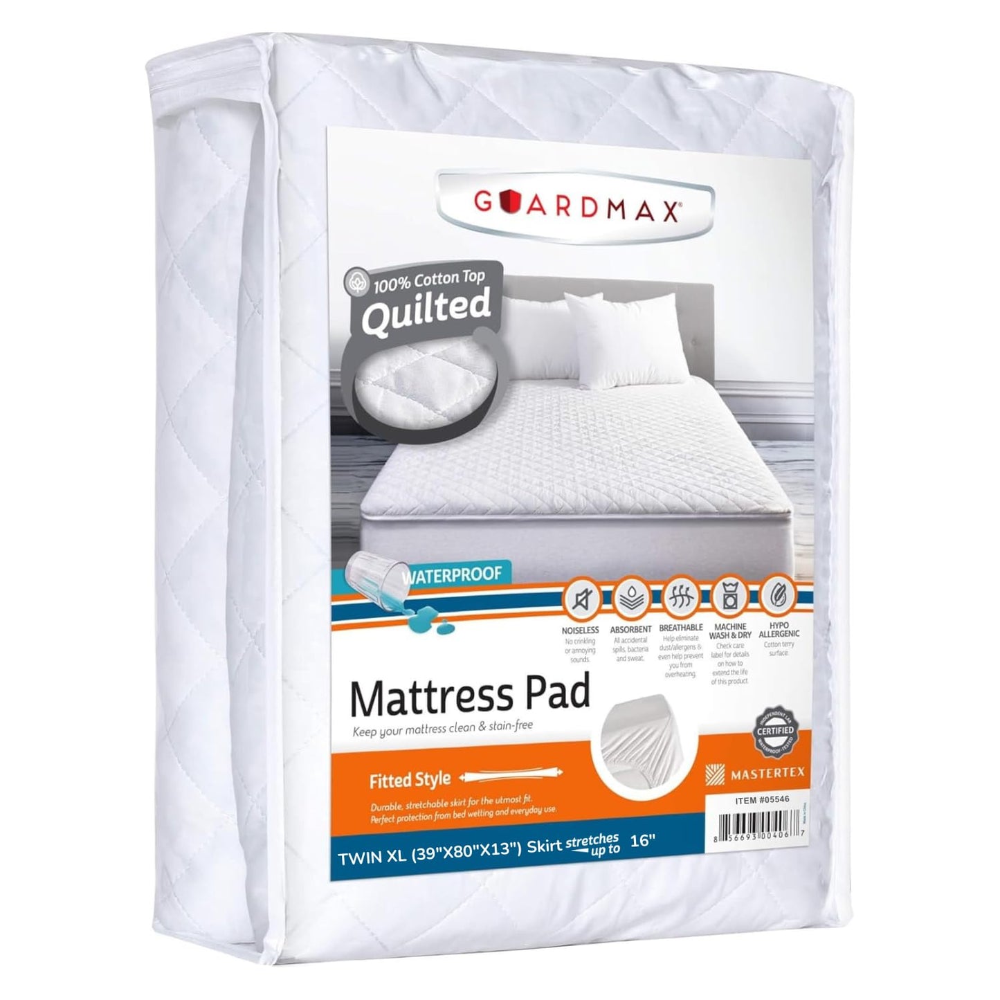 Guardmax Waterproof Quilted Fitted Mattress Pad | Hypoallergenic Cover | Breathable, Noiseless Barrier | Twin XL (39 x 80 x 13)