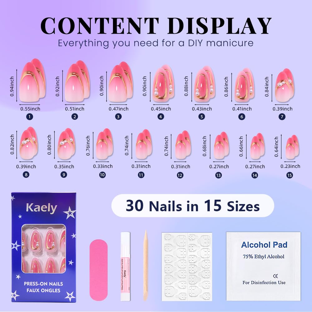 evpct Ombre Peach Pink Press on Nails Short Almond with 3D Pearl Gold Line, Pink French Tip Stick on Nail for Women, Reusable Full Cover Soft Press on Fake Nail with Ombre Design Perfectly Fit
