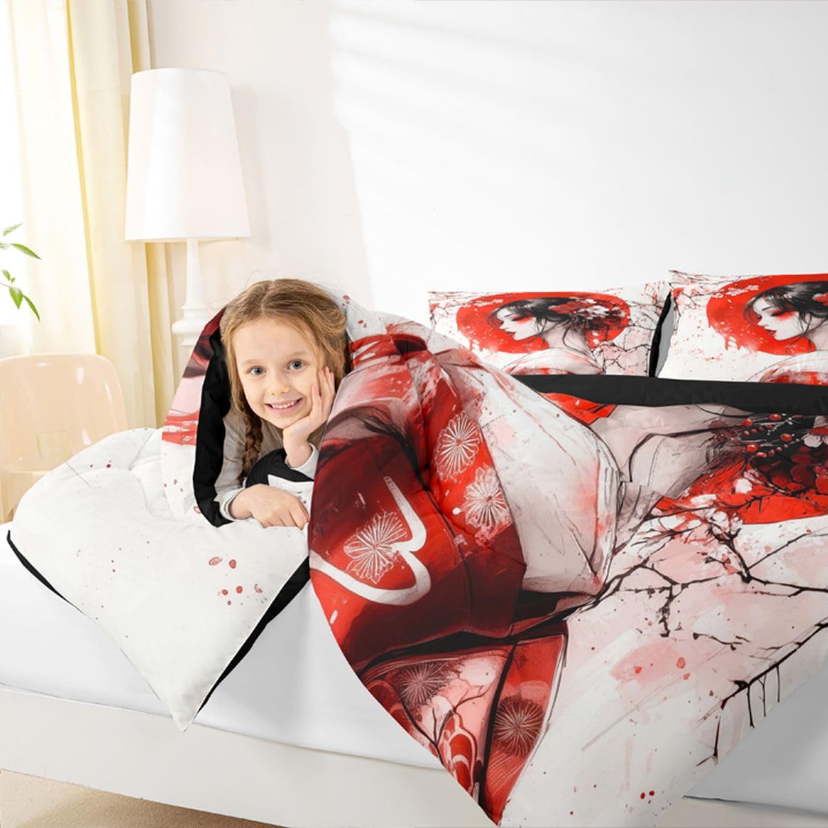 jejeloiu Japanese Geisha Comforter Set All Season Japanese Ukiyoe Bedding Set with 2 Pillow Cases Cherry Blossom Microfiber Kids Queen Bedclothes Red Sun Bedroom Decor Duvet Quilt Breathable Soft