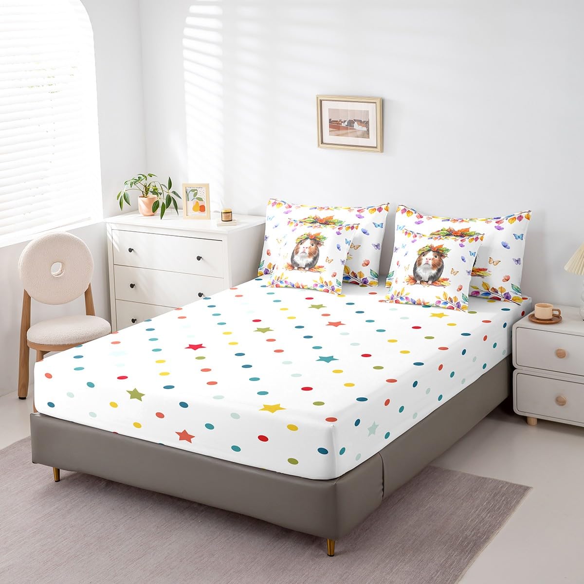 Kawaii Guinea Pig Bedding Comforter Sets 7pcs for Boys Girls Cartoon Animal Queen Bedding Sets, Colorful Butterfly Bed in a Bag Rainbow Eucalyptus Leaves Comforter Set, Cute Polka Dots Reversible