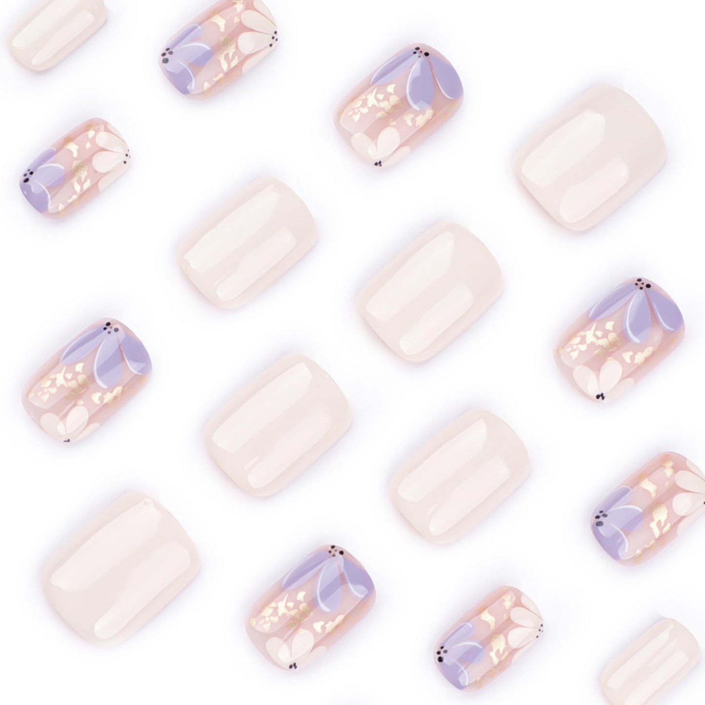 Mivota Short Square Press On Nails, Beige Fake Nails with Blossom Floral and Gold Foil Design, Glossy Reusable Acrylic Nails Kit for Women, Natural Look, 24Pcs Glue-On Set