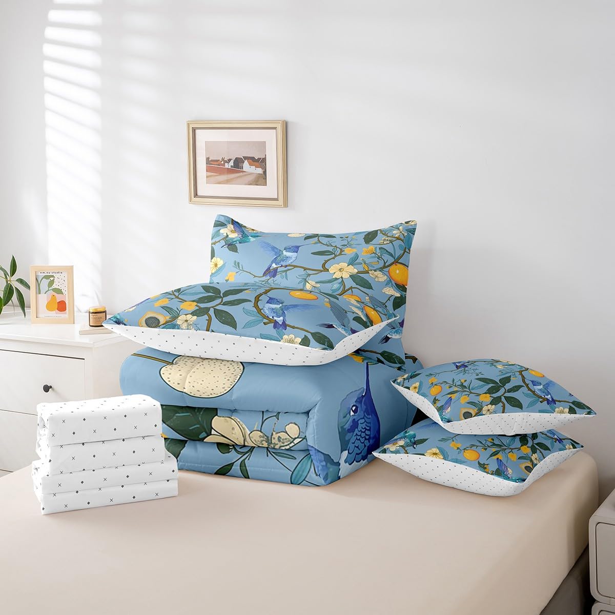 Erosebridal Hummingbirds Bedding Set for Kids Teens,Oil Painting Fruit Comforter Set King Size,Lemon Tree Branches (Comforter+Fitted+Flat Sheet+2 Pillowcases+2 Throw Pillow Covers) 7 Pieces Bed Set