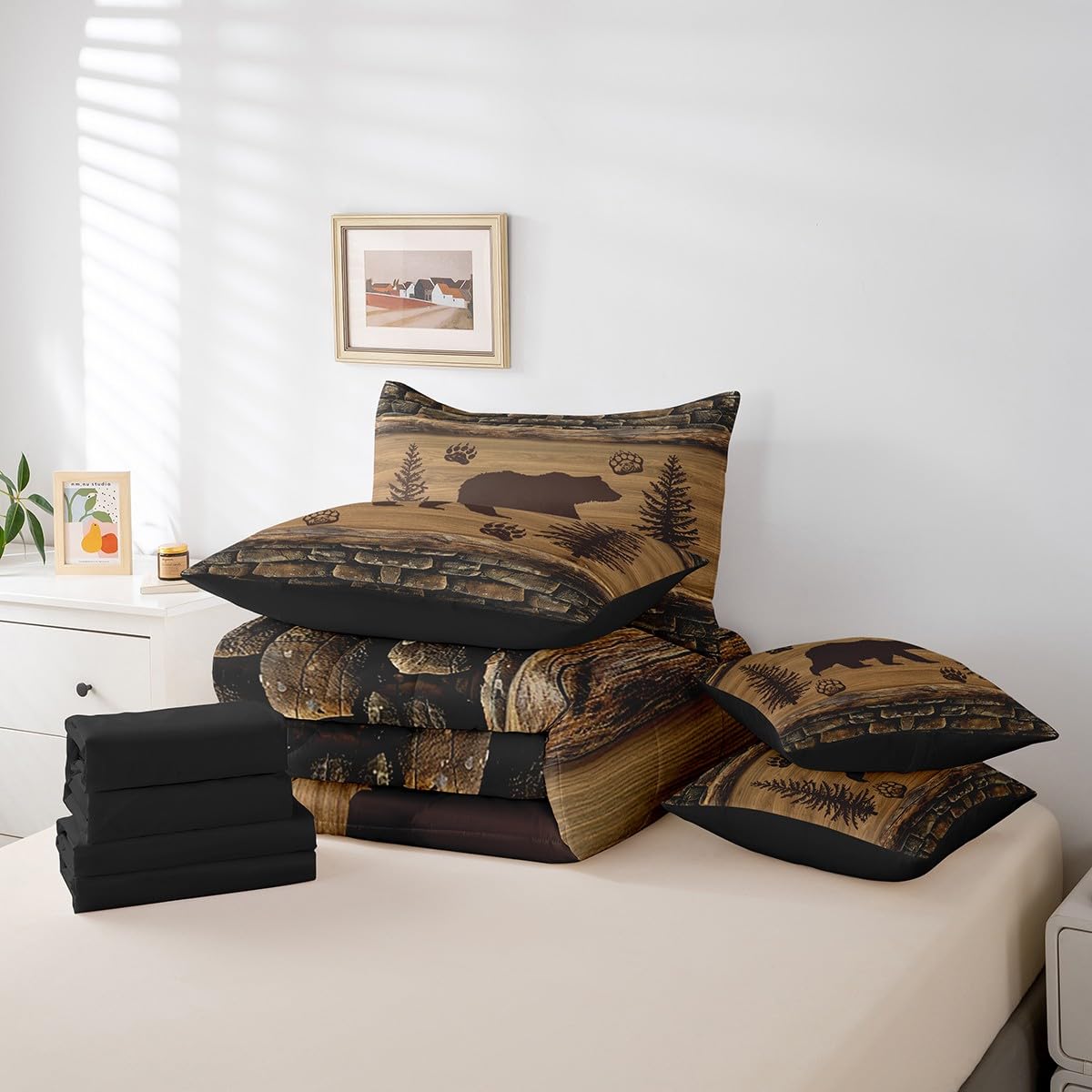 Feelyou Bear Farmhouse Bed in a Bag Boys Queen Size, 7 Pieces Cute Bear Bedding Set for Kids, Ultra Soft Wildlife Decor Bed Set Includes Comforter, Sheet Set, Pillowcases