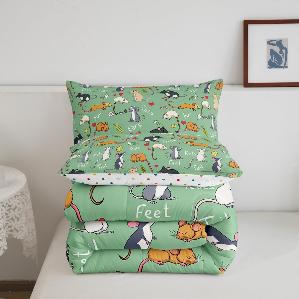 Erosebridal Kids Rat Comforter Set, Mouse Rodents Bedding Set Twin Size, Funny Animal Love Heart Duvet Sets for Boys Girls Children Bedroom, Cartoon Style Duvet Insert Decorative Room, Green