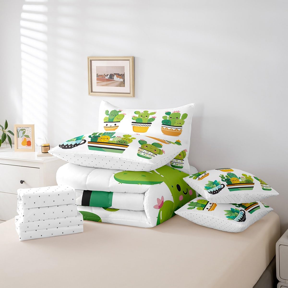 Erosebridal Tropical 7 Piece Comforter Set Full Bed in a Bag,Bulbous Cactus Bedding Sets Cute Desert Plants Botanical Comforter and Sheet Set,Floral Jungle Kawaii Room Decor