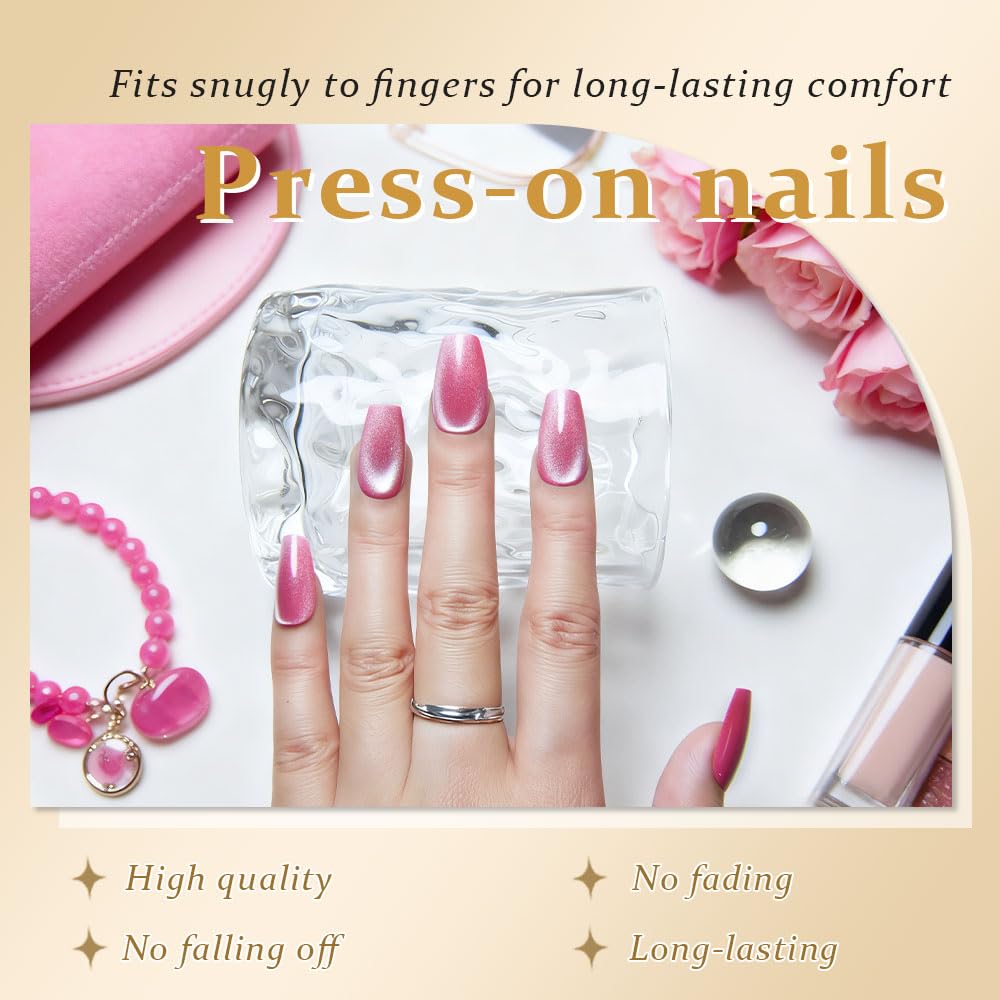 evpct Rose Pink Cat Eye Coffin Press on Nails Medium Square No Glue, Medium Square Stick on Nail for Women, Pink Metallic Glitter Glossy Reusable Summer Soft Press on Acrylic Fake Nail with Designs