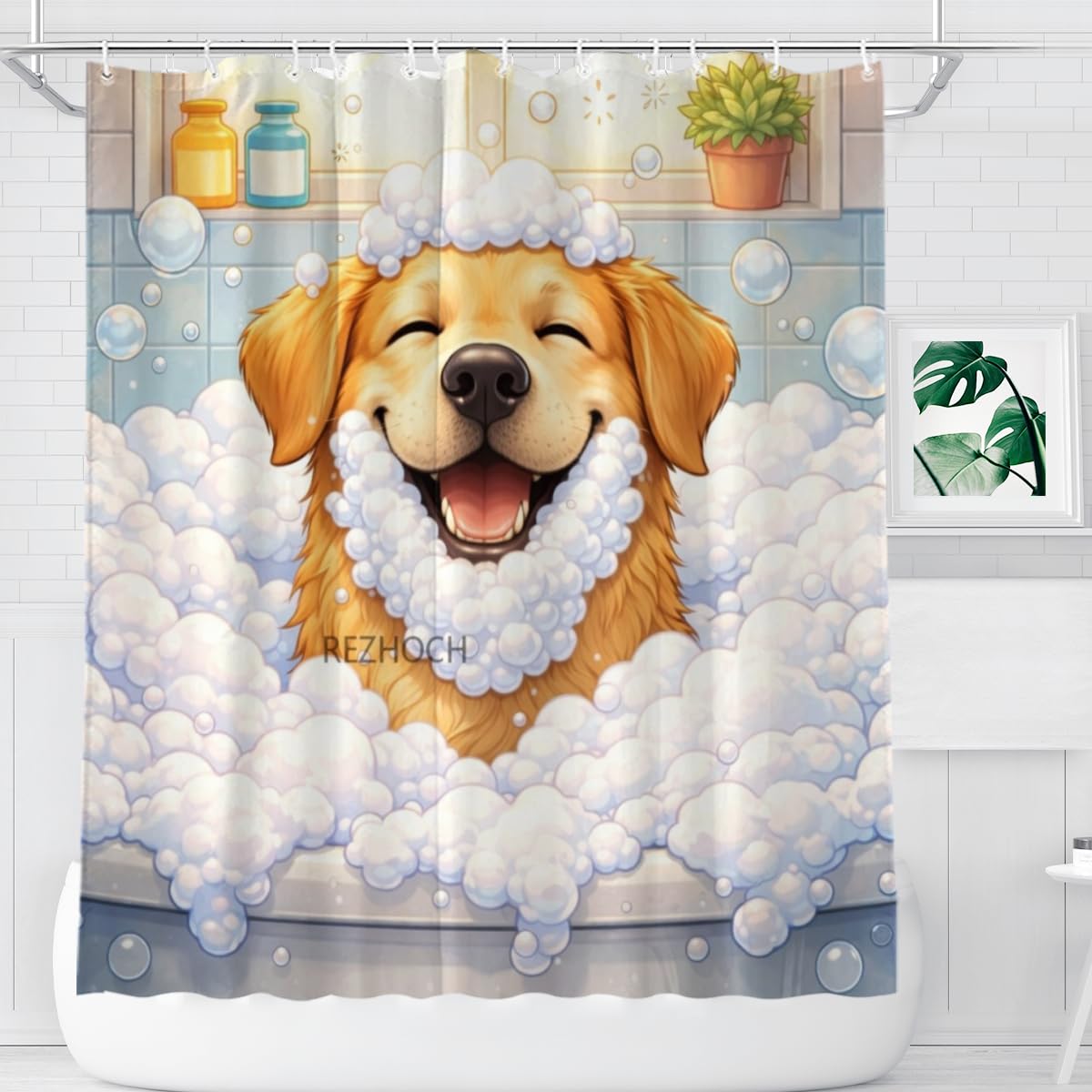 REZHOCH Funny Dog Shower Curtain 72x72Inch,Cute Golden Retriever Bubble Bathroom Decor,Lovely Animal Bathtub Waterproof Fabric Modern Art Humor Farmhouse Home Bath Set with 12 Hooks