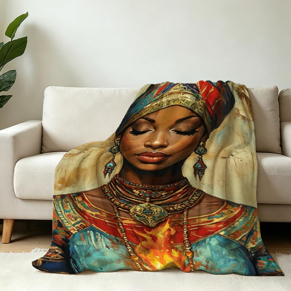 HUNXIAOJ African American Throw Blanket Black Girl Blanket African Gifts for Women Tribal Bedding Ethnic Decor Warm Soft Flannel for Sofa Couch (49in x 59in)