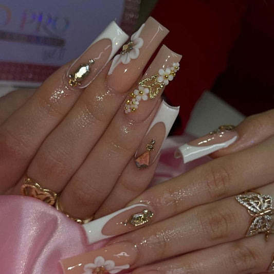 Gifiky Long Square Press on Nails 3D Daisy Butterfly Fake Nails Nude Nails Tips Full Cover French False Nails for Women and Girls 24Pcs