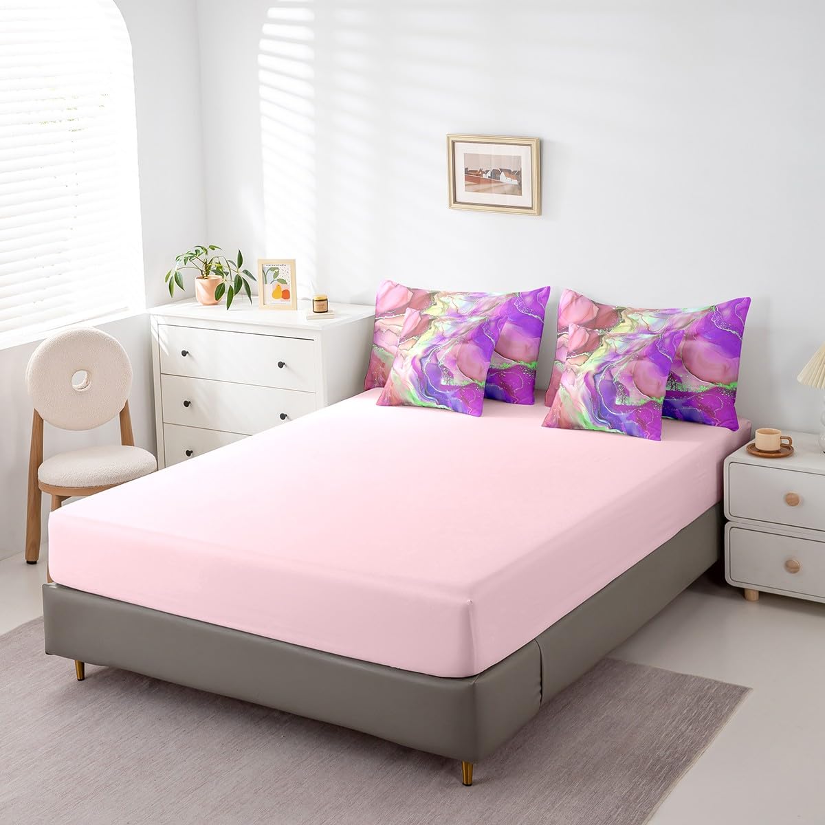 Girly Pink and Purple Bedding Full Size 7pcs Aesthetic Marble Comforter Set for Girls Women, Foil Print Bedding Comforter Sets Mountain Fluid Bed in a Bag, Rainbow Tie Dye Bedding Accessories
