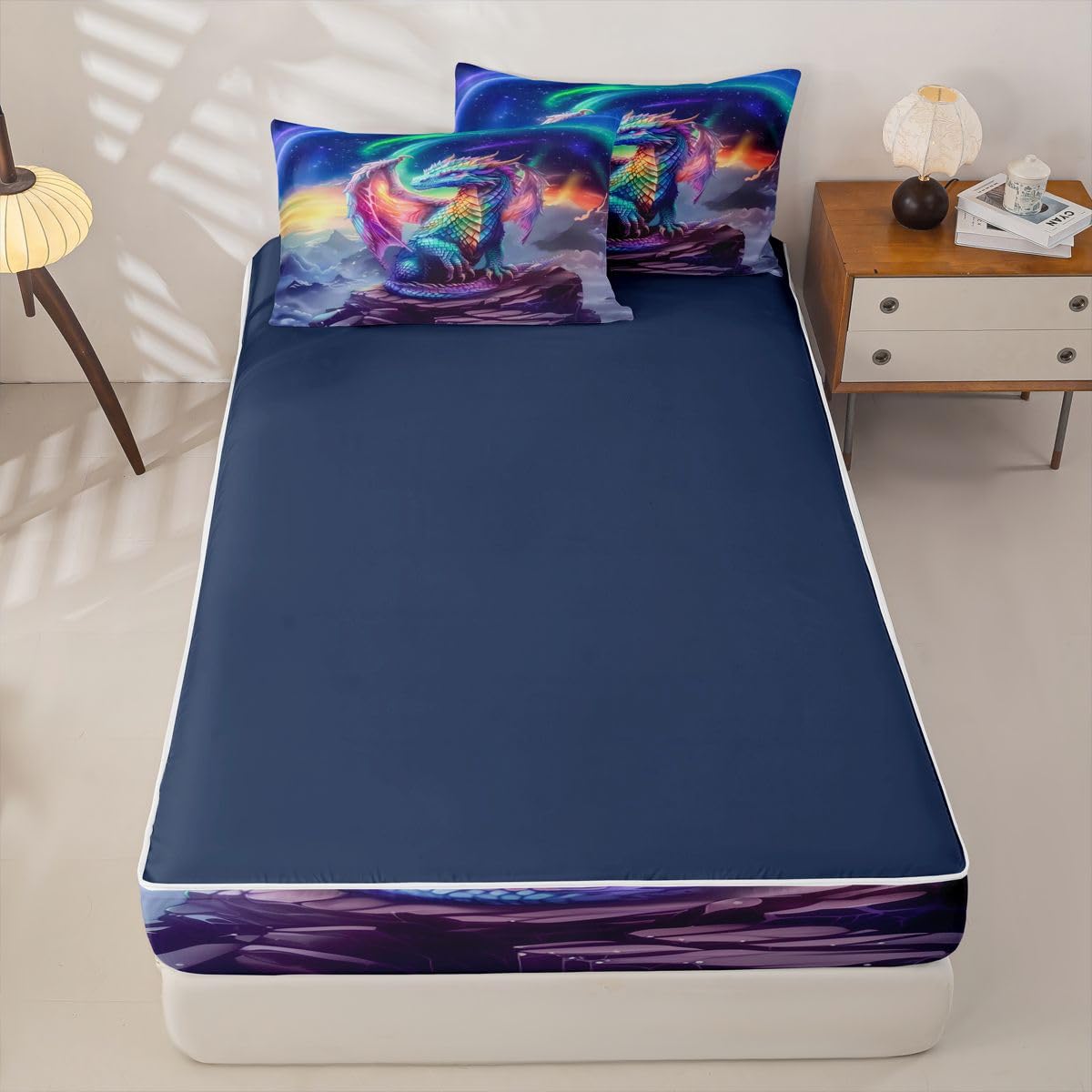 jejeloiu Flying Dragon Zipper Bedding for Kids Outer Space Galaxy Twin Comforter Set with Fitted Sheet 2 Pillowcases Aesthetic Aurora Bed in a Bag Fantasy Animal Soft Lightweight Microfiber