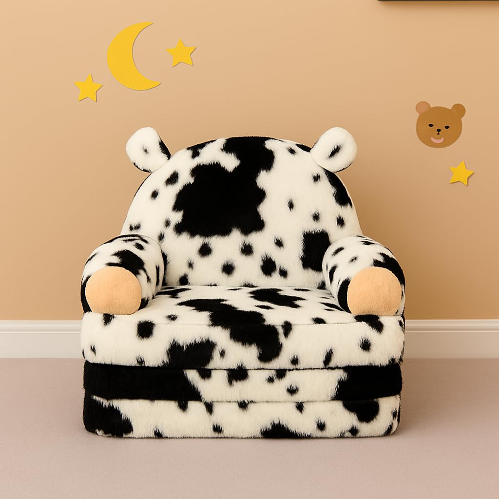 QIUODO Toddler Chair with Faux Rabbit Fur – 2-in-1 Foldable Kids Couch, Soft Sofa for Reading, Bedroom or Playroom Use, Ages 1-3（Cow）