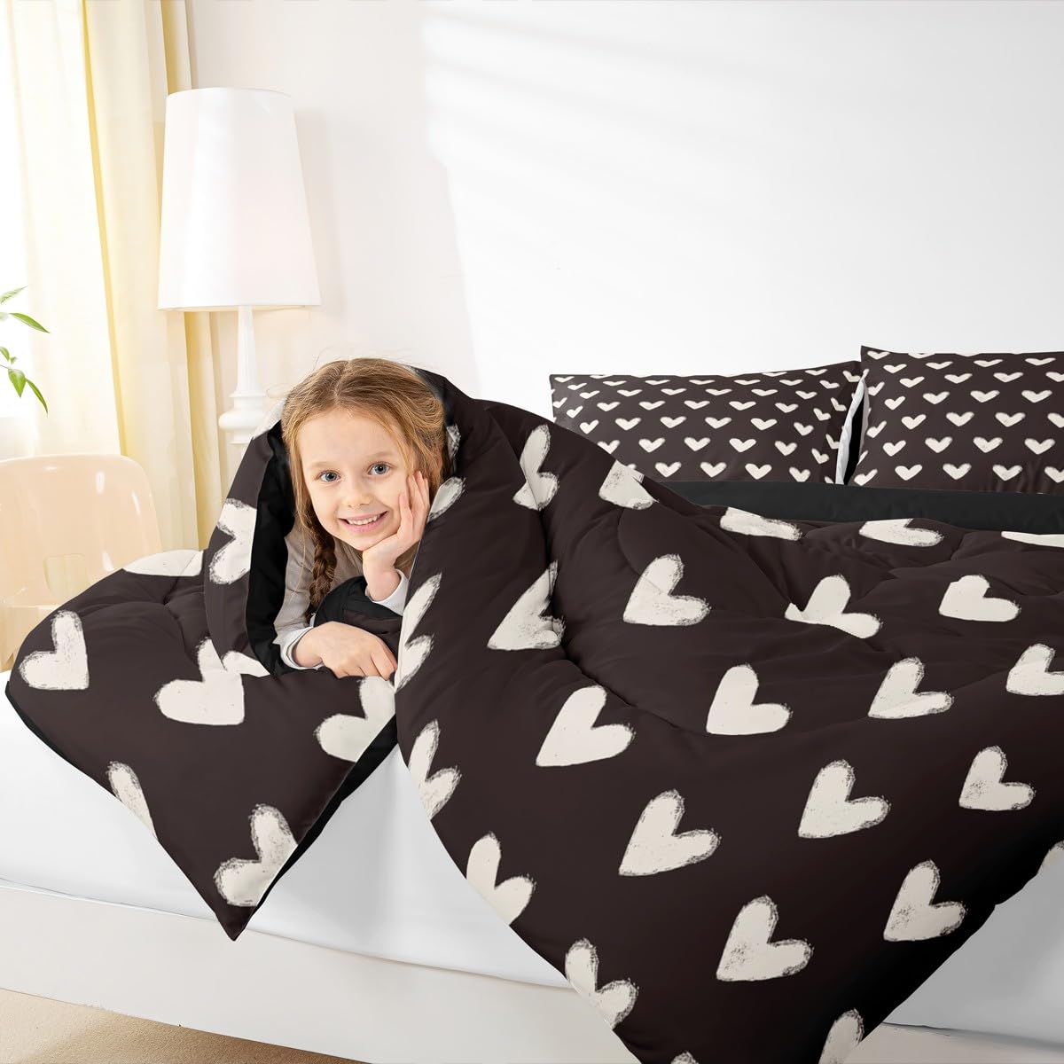 Erosebridal Love Comforter Set Queen Black and White Bedding for Kids Boys Girls Cute Heart Shaped Valentine Day Down Comforter Kawaii Cartoon Love Heart Geometric Duvet Insert Soft Warm Quilt 3Pcs