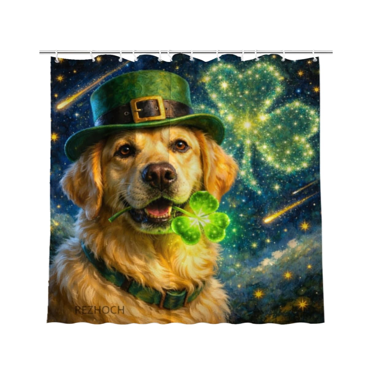REZHOCH Funny Dog Shower Curtain Lucky Golden Retriever St. Patrick's Day Oil Painting Bath Curtain Decor Green Clover Starry Night Animal Home Bathroom Set 72x72Inch with 12 Hooks