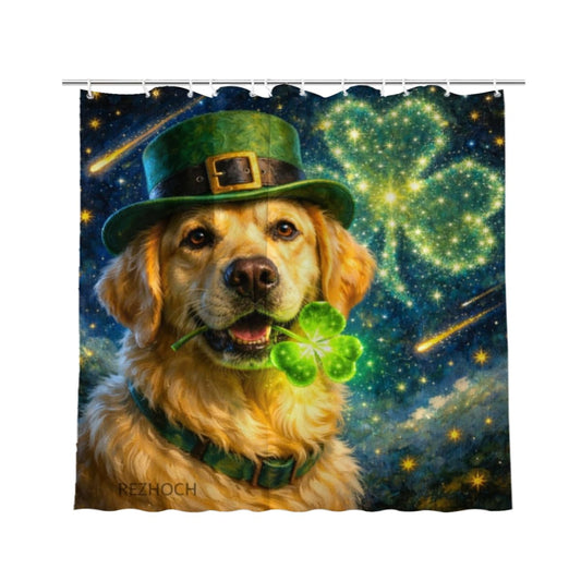 REZHOCH Funny Dog Shower Curtain Lucky Golden Retriever St. Patrick's Day Oil Painting Bath Curtain Decor Green Clover Starry Night Animal Home Bathroom Set 72x72Inch with 12 Hooks