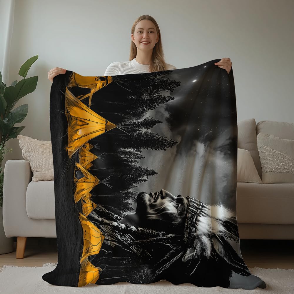 HUNXIAOJ Native American Blanket Indian Throw Blanket Indian Chiefs and Camp Print Native American Bedding Warm Soft Flannel for Bed Sofa Couch (49in x 59in)