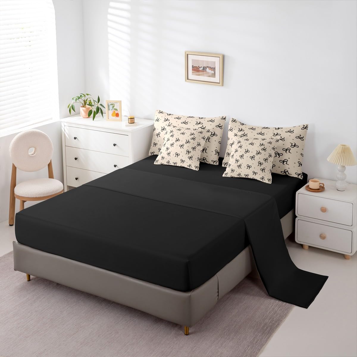 Erosebridal Black and Beige Bow Bedding Set 7-Piece for Girls Women Coquette Modern Fashion Twin Size Comforter Set with Sheets Preppy Aesthetic Girly Bow Bed in A Bag for Kids Teens Adults