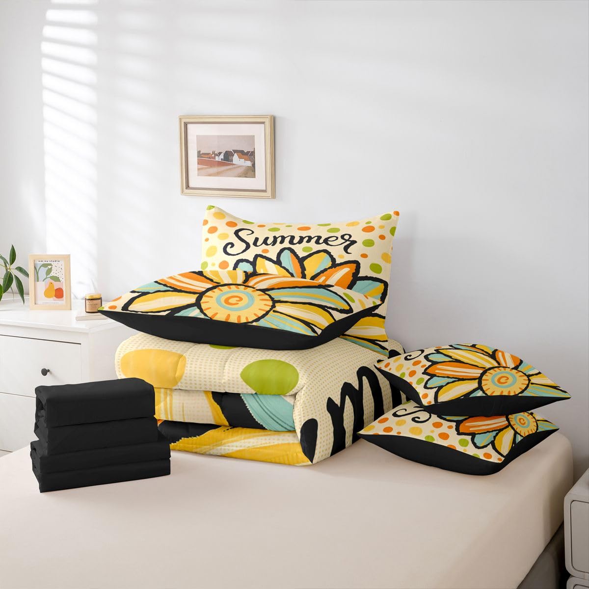 Erosebridal Cute Daisy Queen Bedding Set Retro Polka Dot Comforter Set with Flat and Fitted Sheet Whimsical Summer Colorful Floral 7-Piece Bed in a Bag Kids Friendly Playful Art Quilt Sets