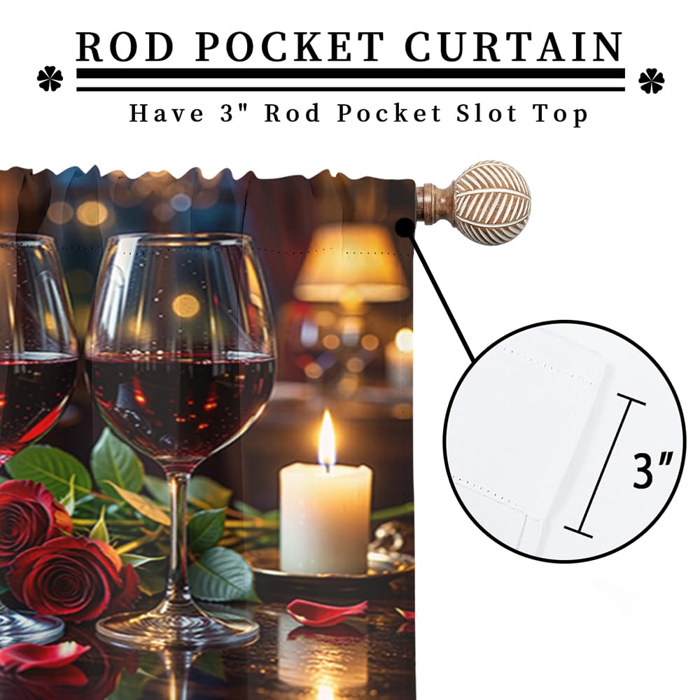 KuracleGH Romantic Valentines Day Wine Rod Pocket Curtains-Aesthetics Floral Red Rose Blackout Curtains & Drapes for Bedroom,Fashion French Wine Glass Window Curtain,2pcs,Each 21“W x 45”L