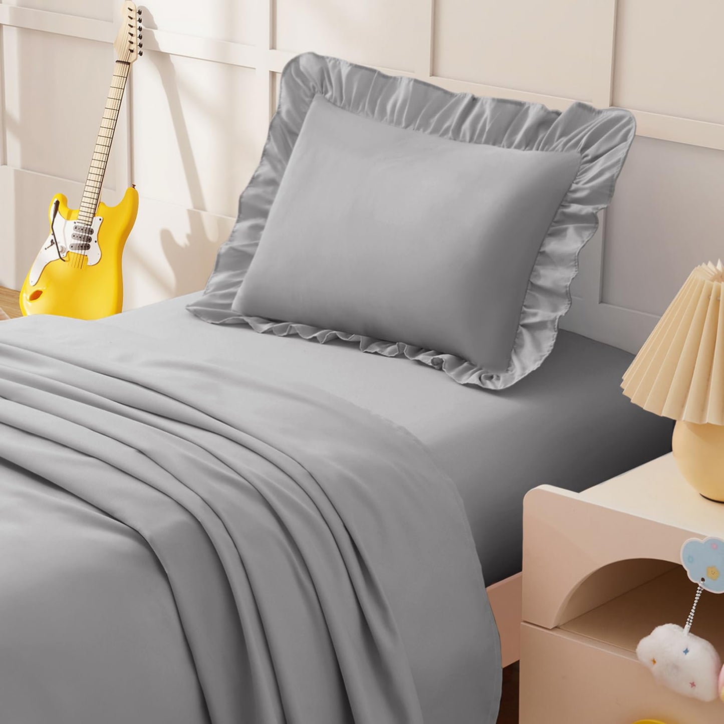 KKJIAF 3 Piece Toddler Sheet Set Microfiber, Includes a Flat Sheet, a Fitted Sheet and a Ruffle Pillowcase, Grey