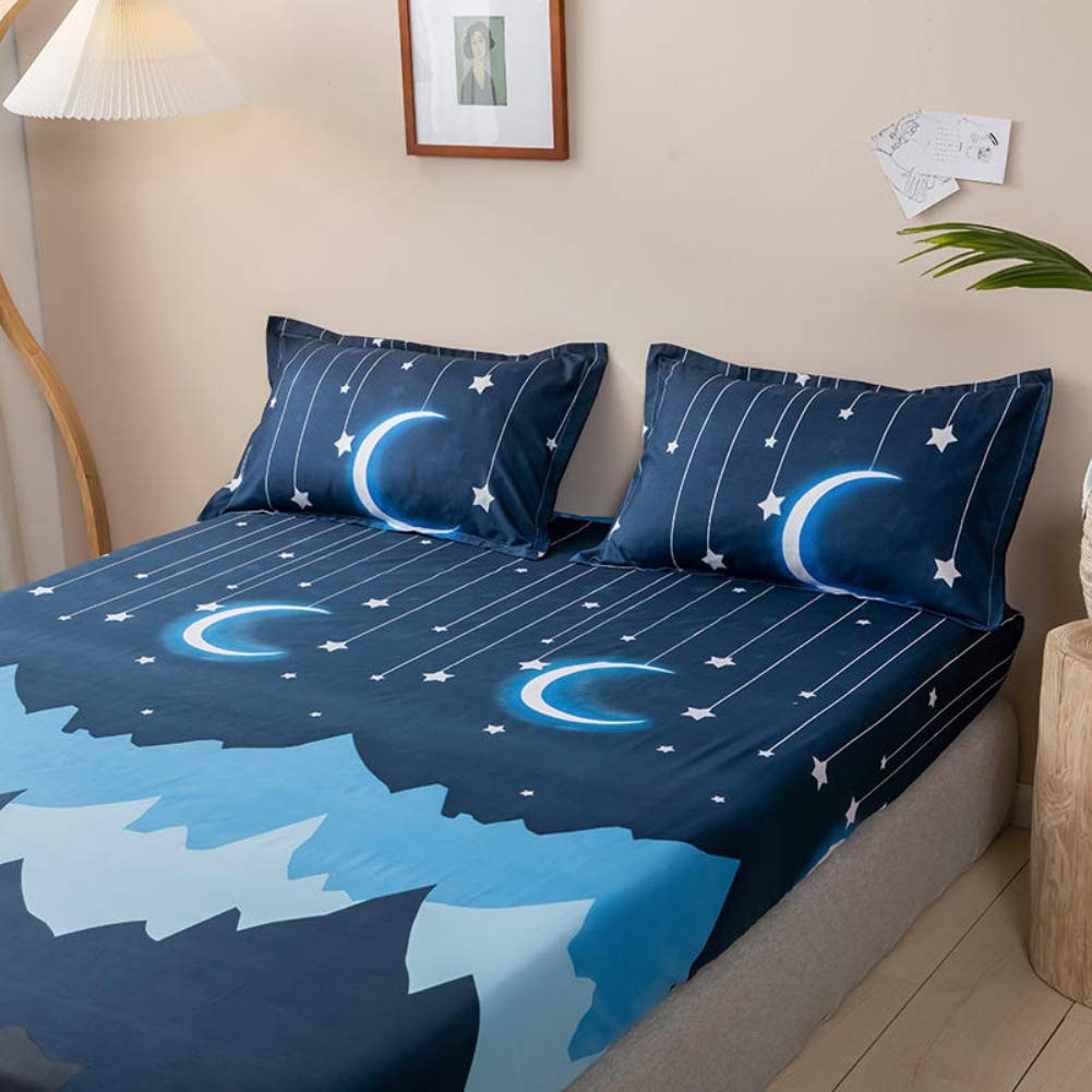 Kids Bedding Set Moon Twinkle Stars Bed Sheet Set for Boys Girls Bedroom Decor Twin Size Microfiber Soft Mountain Night Fitted Sheet Dark Blue Bed Cover with 1 Pillow Case, Flat Sheet not Included
