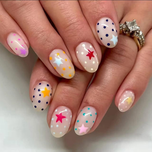 24Pcs Cute Press on Nails Short Almond Fake Nails Colorful Star Polka Dot Glossy Acrylic Stick on Nails Artificial Reusable False Nails Full Cover Glue on Nails for Women Manicure Decorations