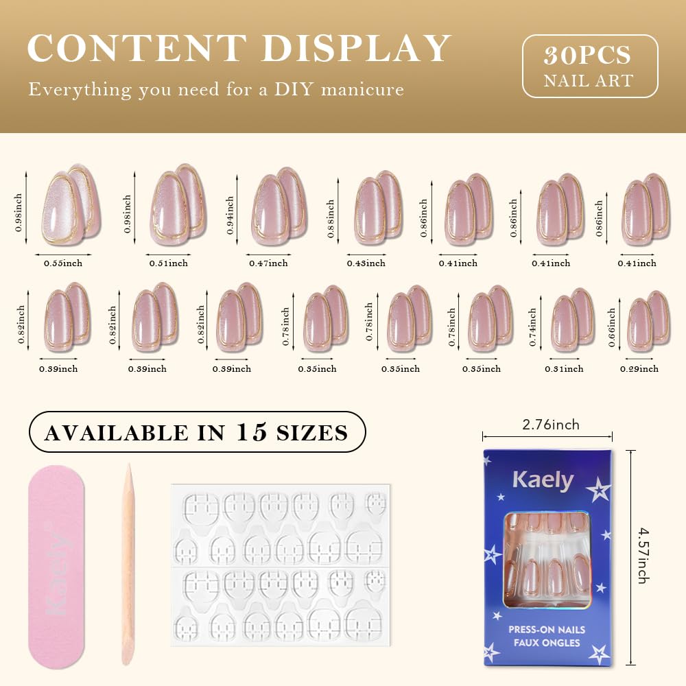 evpct Gold Line 3D Cat Eye Press On Nails Medium Almond No Glue, 3D Crystal Handmade Press on Nails for Women Gift, Reusable Medium Almond Acrylic Fake Nail Stick on Soft Nail Gold Tip with Designs