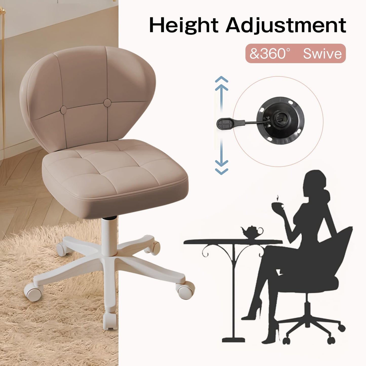 Timbertouch Small Office Chair with Lumbar Support, PU Leather Armless Swivel Desk Chair Adjustable Height, Compact Rolling Chair for Home Office, Bedroom, Study Khaki