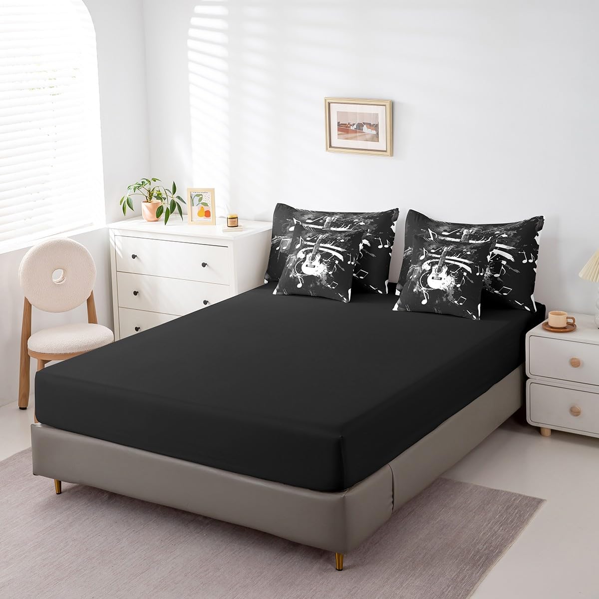 Feelyou Guitar Comforter Set with Sheets Queen Size Rock Music Bed in a Bag for Boys Girls Teens Black 7 Pieces Bedding Set Soft Lightweight Microfiber