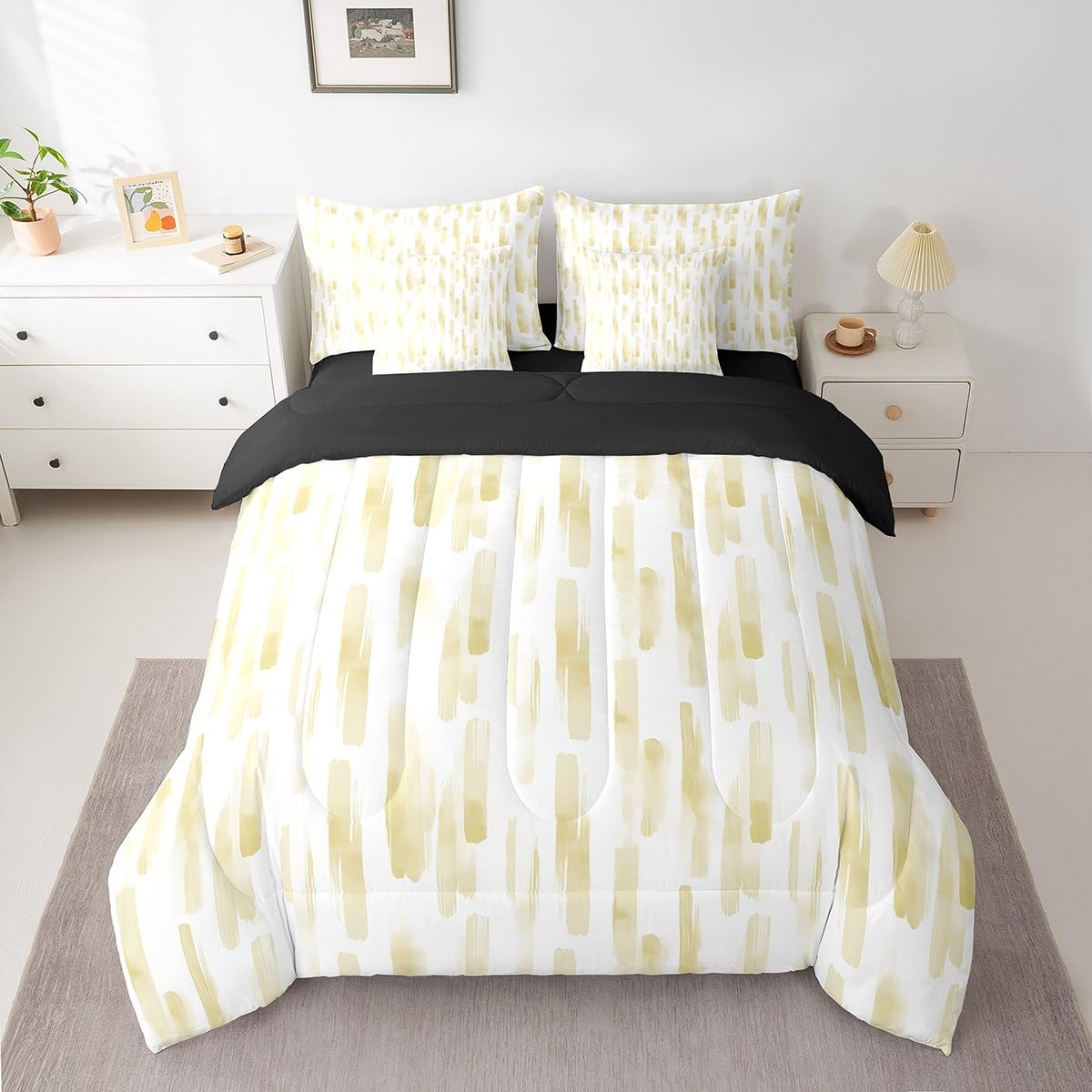 Erosebridal 7Pcs Lemon Yellow Boho Striped Comforter Set King,Geometric Stripes Abstract Bed in A Bag for Adults Women Men,Modern Ink Watercolor Quilt Set with Pillowcases,Ombre Gradient Art Bedding