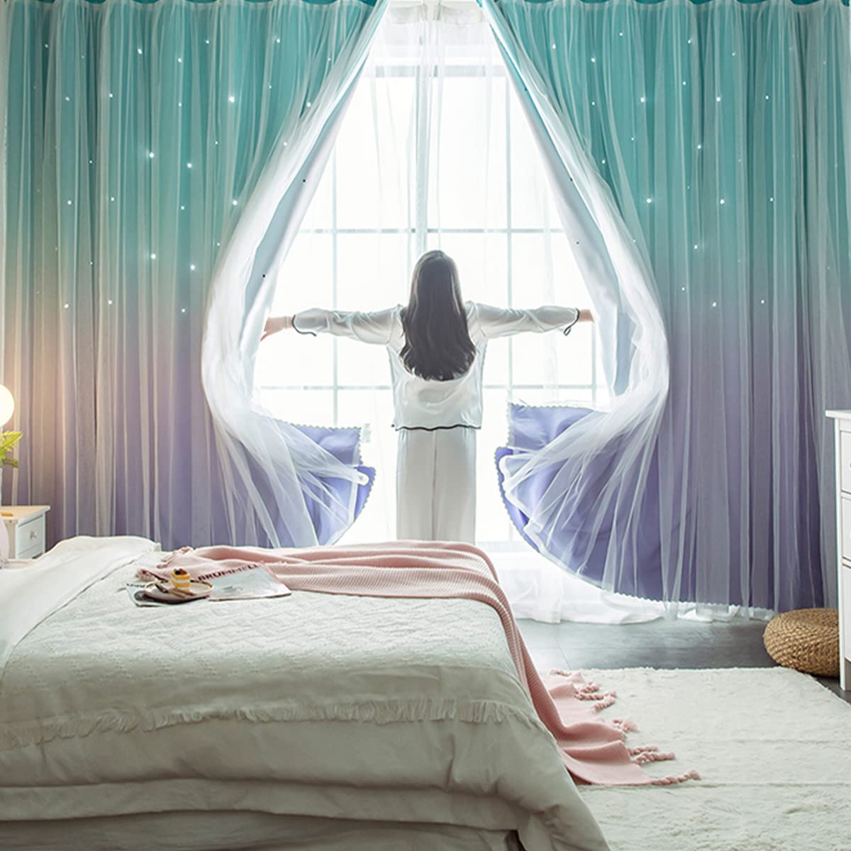 Yancorp Kids Curtains for Girls Bedroom Princess Curtains for Daughter Room 84 Inches Long Star Curtains with Tieback & 3 Bowties(Purple Teal,W52*L84),1 Panel