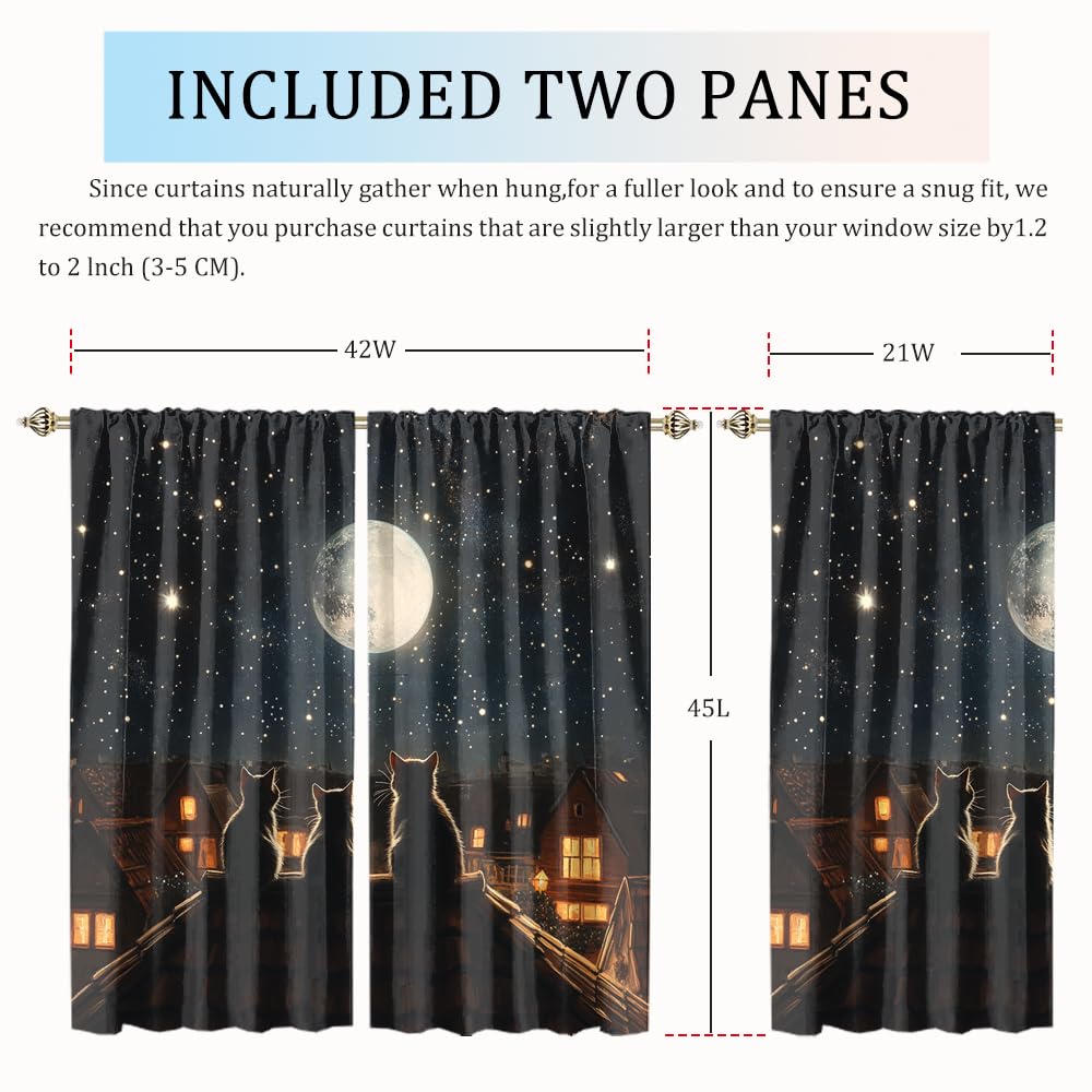 FBMLBRB Cute Cartoon Animals Cat Curtains,Modern Farm Animal Black Cats Full Moon Window Treatment Blackout Curtains Rods Pocket Curtains-45 L x 21" W x 2 Panels (Blackout)