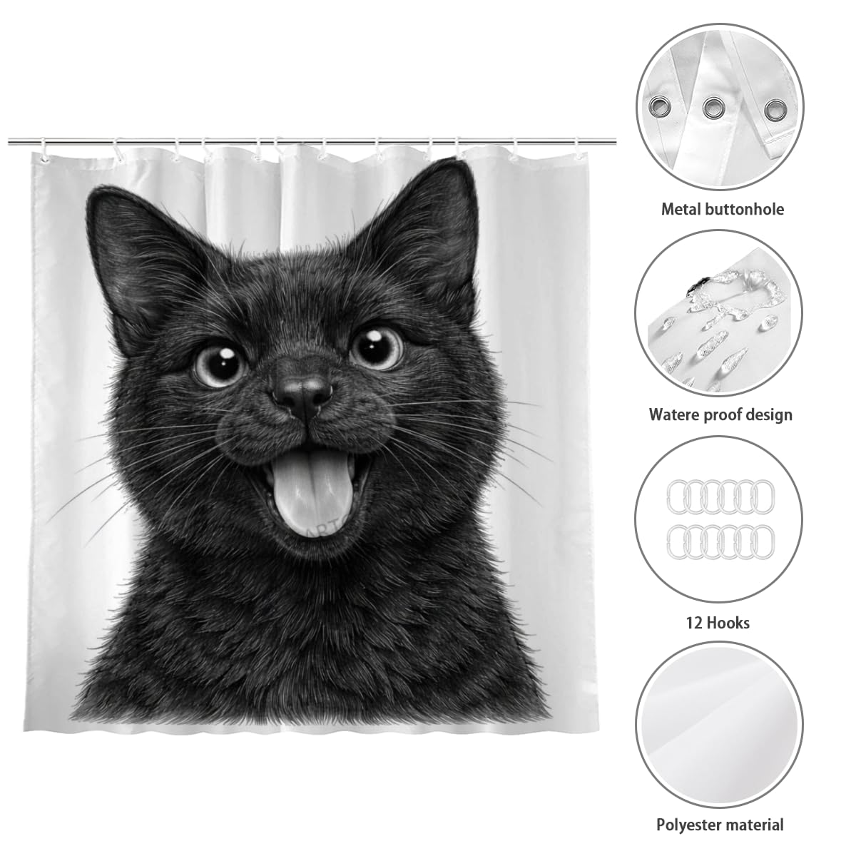 LFINKARTGOGO Sketch Black Cat Shower Curtain 72x72 Inch with 12 Hooks Black White Animal Portrait Bathroom Decor Cute Animal Waterproof Washable Polyester Bath Curtain
